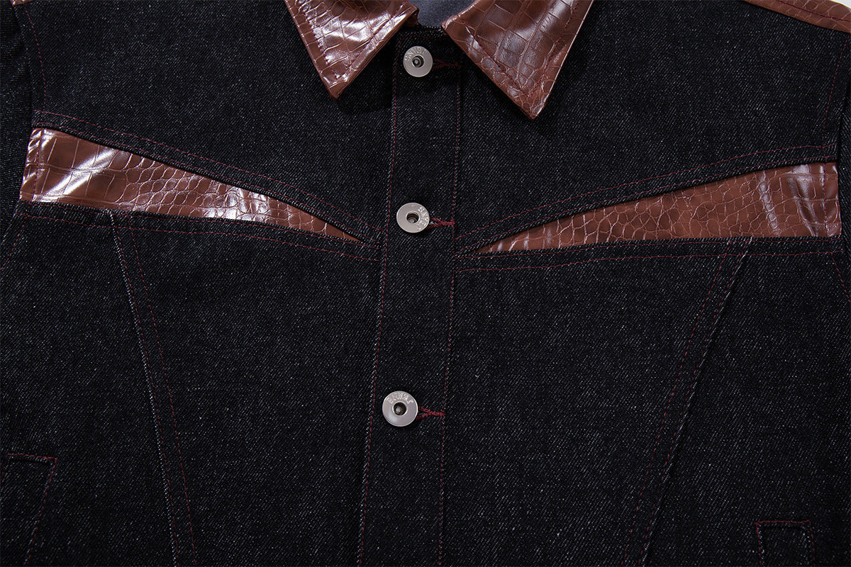 Boxy Raw Denim Jacket with Crocodile-Embossed Leather Panels