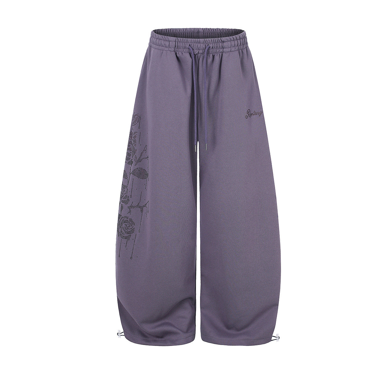 Wide-Leg Sweatpants with Rhinestone Rose Print & Drawstring Waist