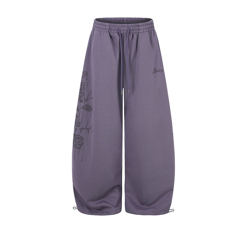 Wide-Leg Sweatpants with Rhinestone Rose Print & Drawstring Waist