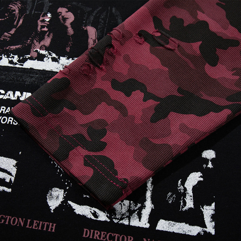 Long Sleeve T-Shirt Men Black Camo Layered Graphic Rock Print Oversized Tee