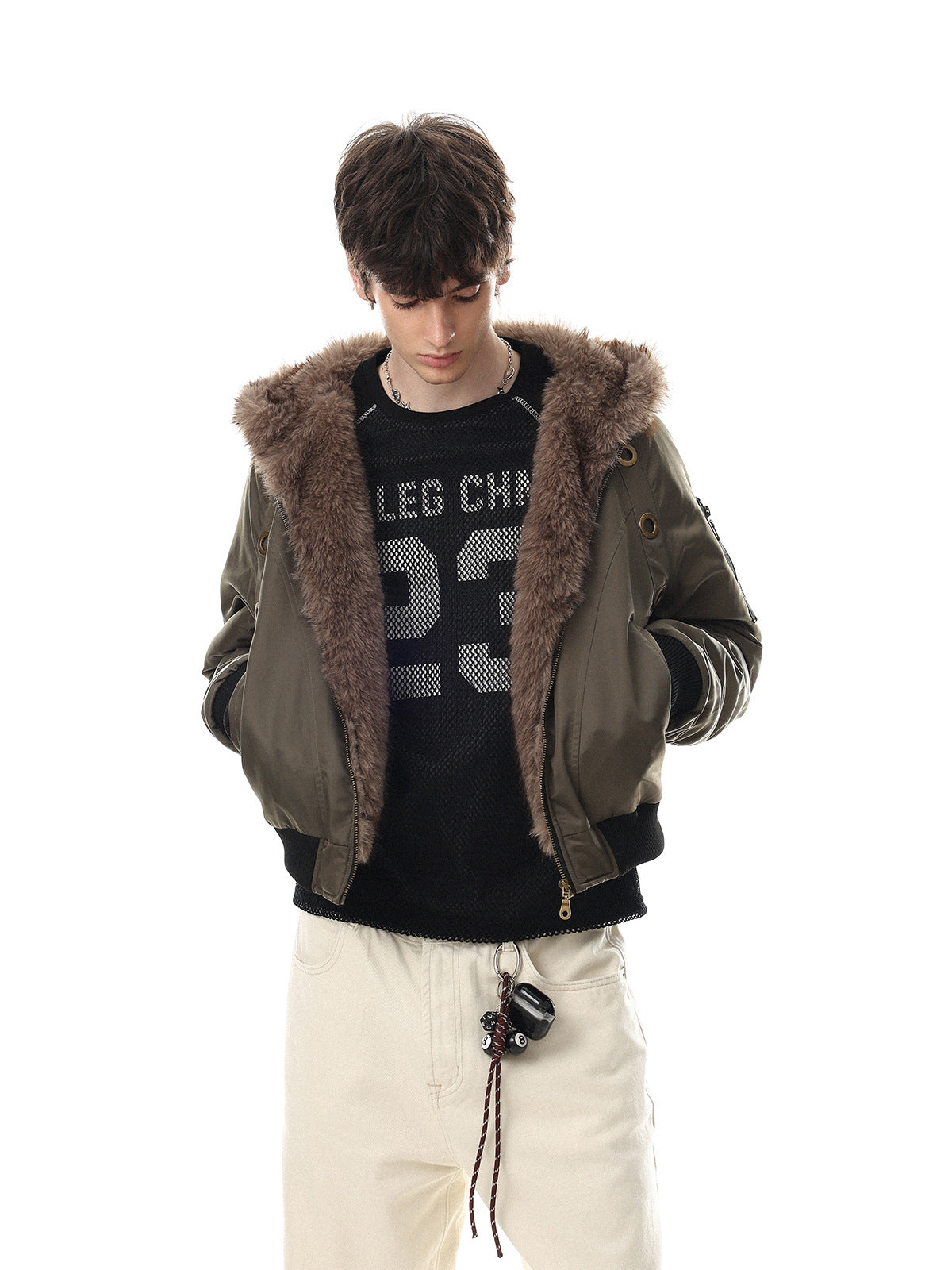 Bomber Jacket with Hoodie Faux Fur Lined Flight Jacket