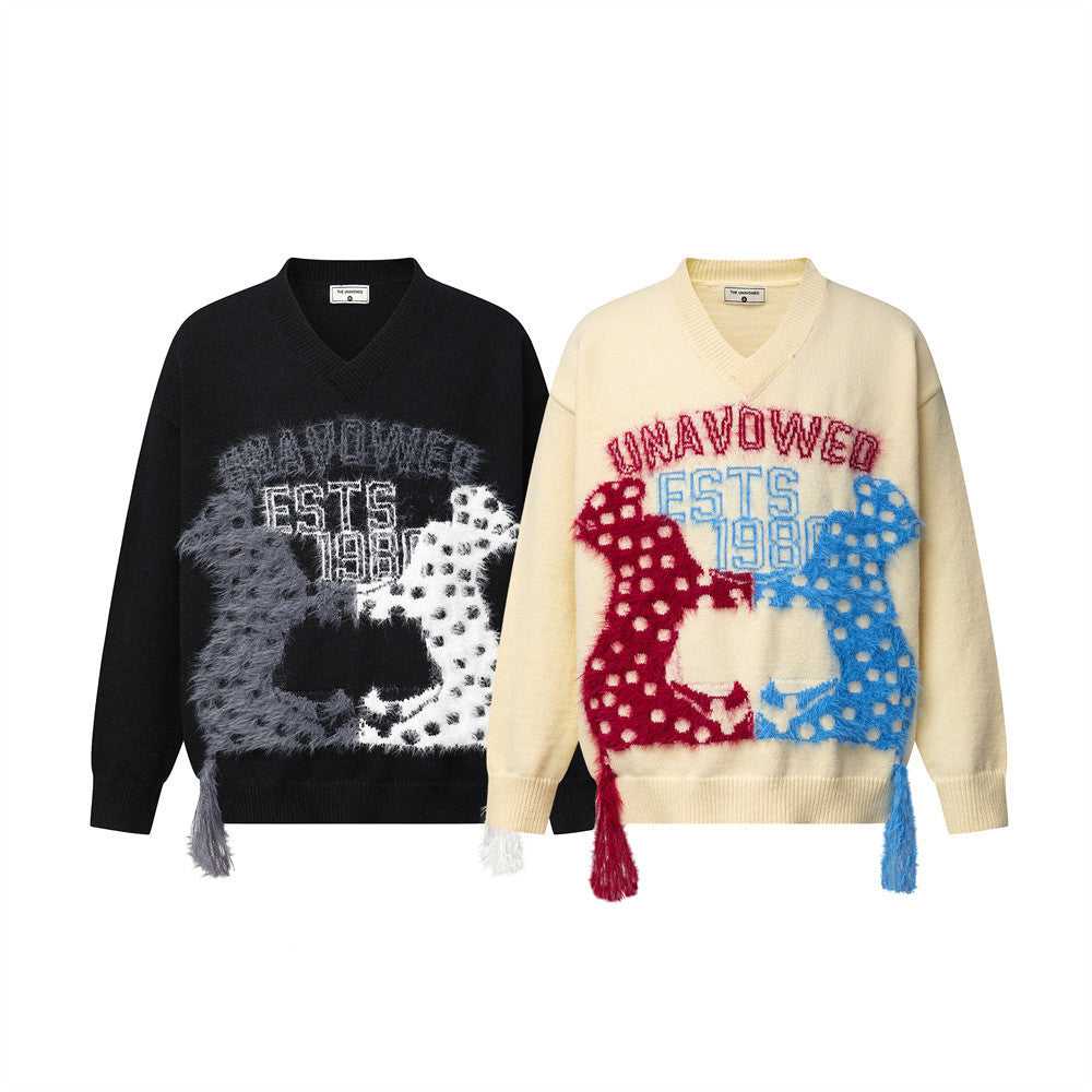 Men's V Neck Sweater Colorblock Cartoon Jacquard Fringe Knit Pullover