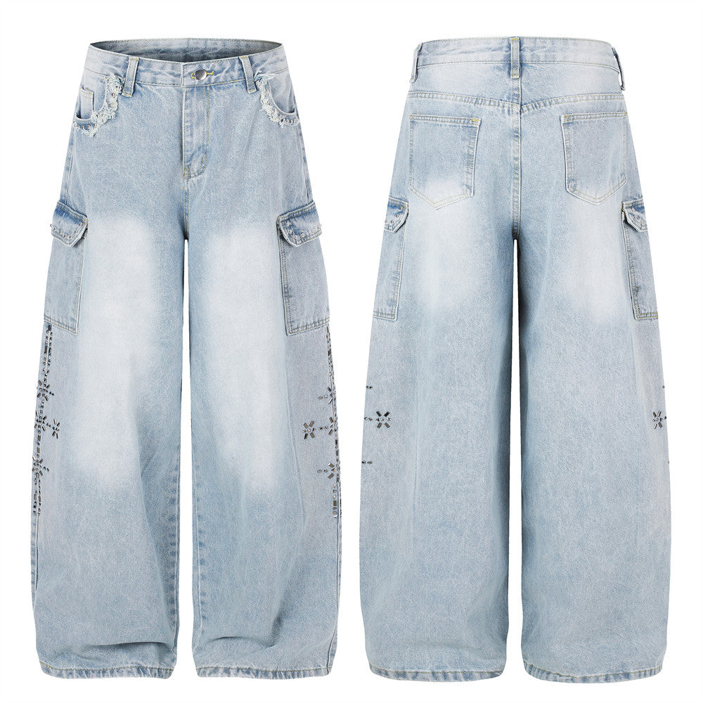 Light wash wide leg baggy cargo jeans with rhinestone side detail and lace trim pocket accents, front and back view