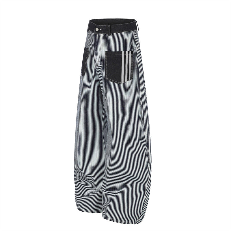 Striped Wide-Leg Barrel Jeans with Contrast Denim Pockets