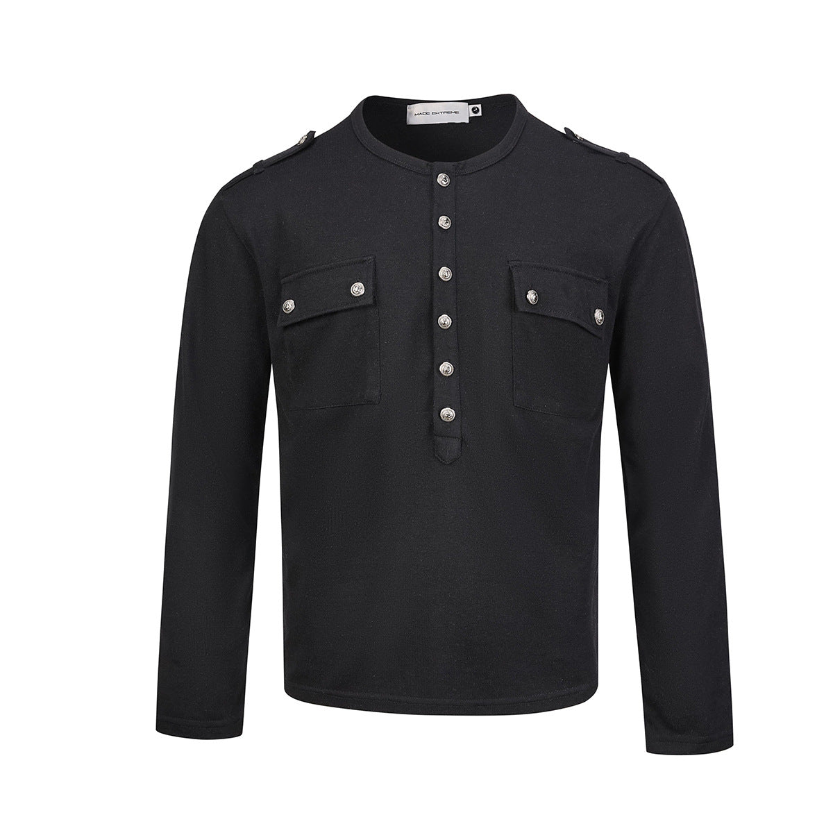 Men's Military-Style Henley Long Sleeve Shirt with Chest Pockets & Epaulettes
