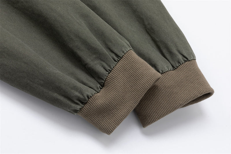 Men's Army Green Vintage Workwear Bomber Jacket – Stand Collar, Zip-Up, Ribbed
