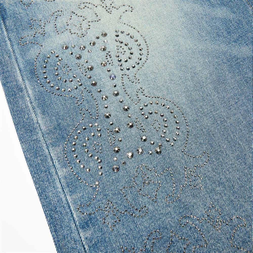 Jean vintage délavé à jambes larges pour homme avec motif cachemire en strass