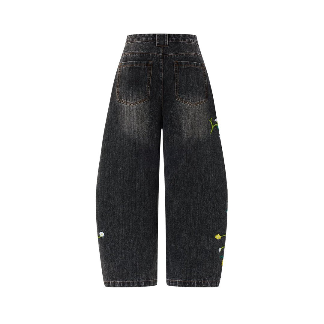 Floral Embroidered Wide-Leg Jeans – Men's Barrel Fit Washed Denim
