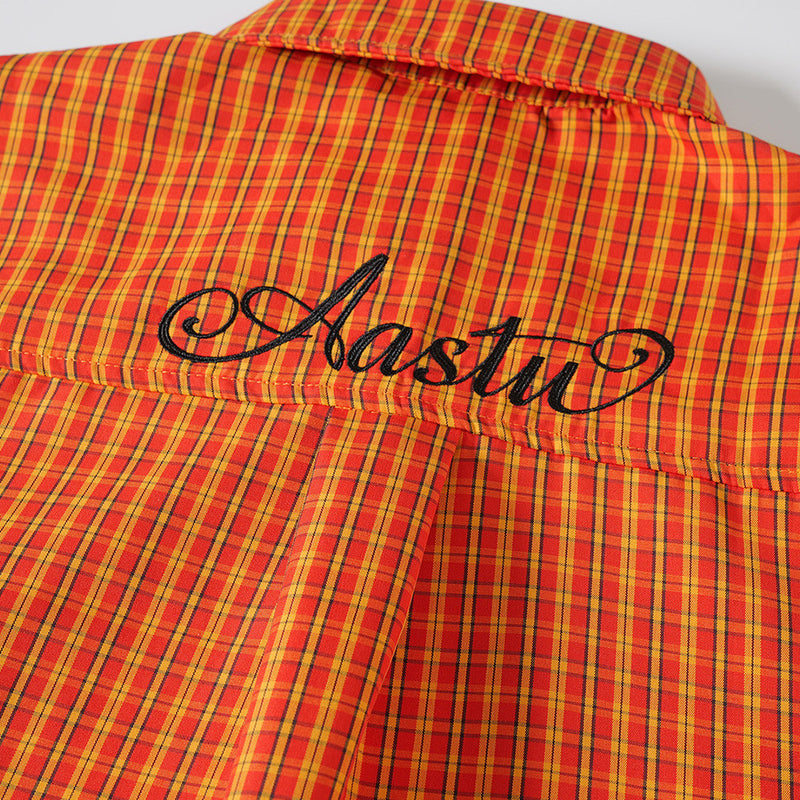 Men's Oversized Plaid Long-Sleeve Button-Up Shirt with Embroidered Chest Pocket