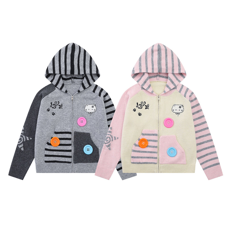 Cartoon Cat Knit Zip-Up Hoodie – Striped Colorblock Cardigan Sweater