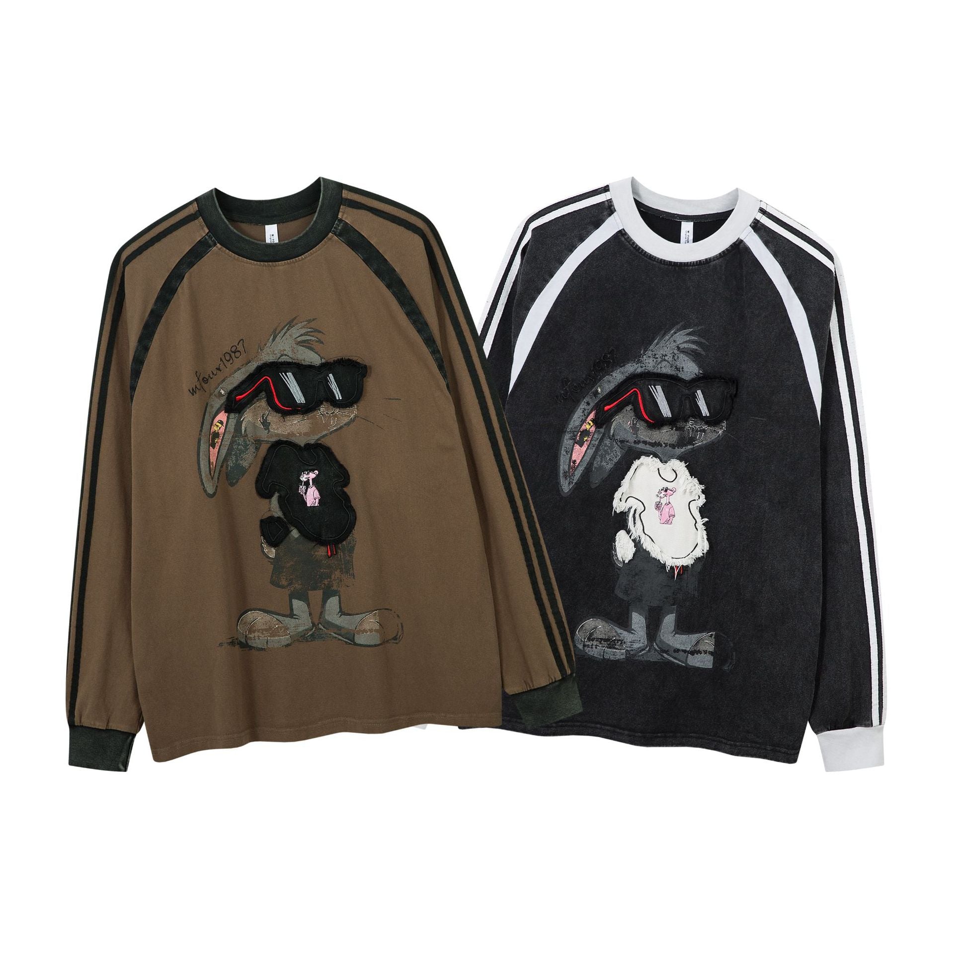 T-shirt graphique à manches longues – Imprimé écusson lapin streetwear, rayures et manches raglan