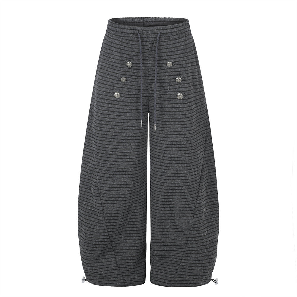 Pantalón de Pierna Ancha a Rayas para Hombre con Cintura de Cordón y Botones Cruzados