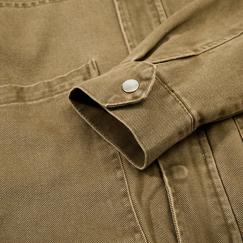 Vintage Workwear Denim Jacket – Stand Collar, Zip Chest Pockets & Oversized Fit