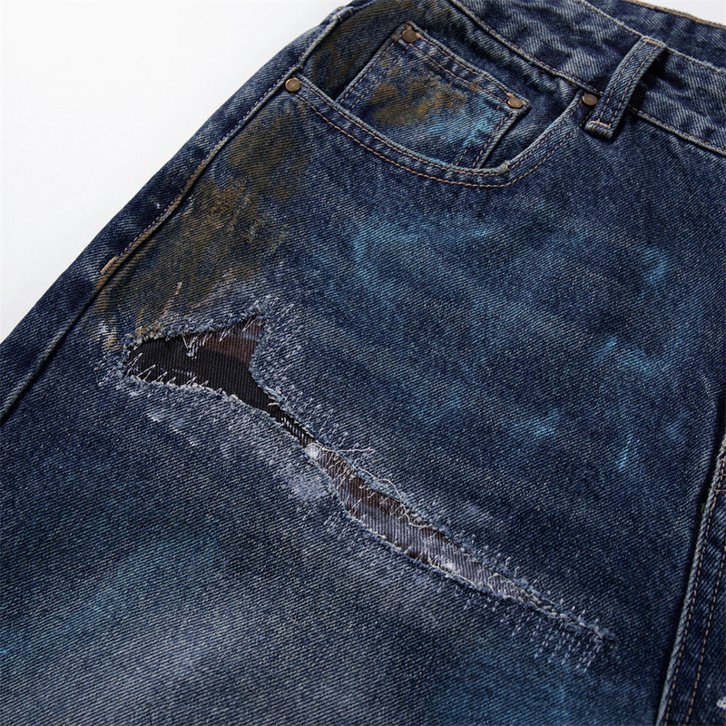 Distressed Patch Wide-Leg Jeans – Grunge Punk Washed Denim