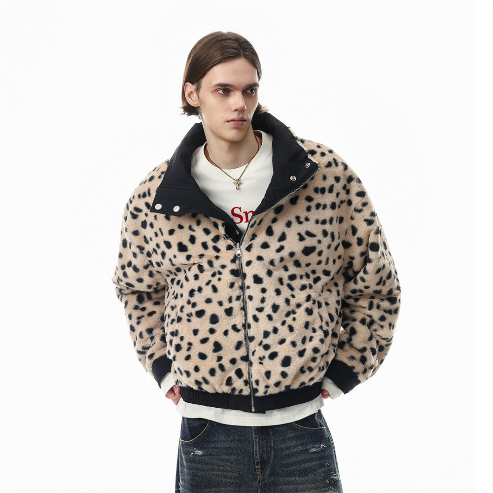 Reversible Stand-Collar Jacket Men's Dalmatian Faux Fur & Nylon Oversized Bomber