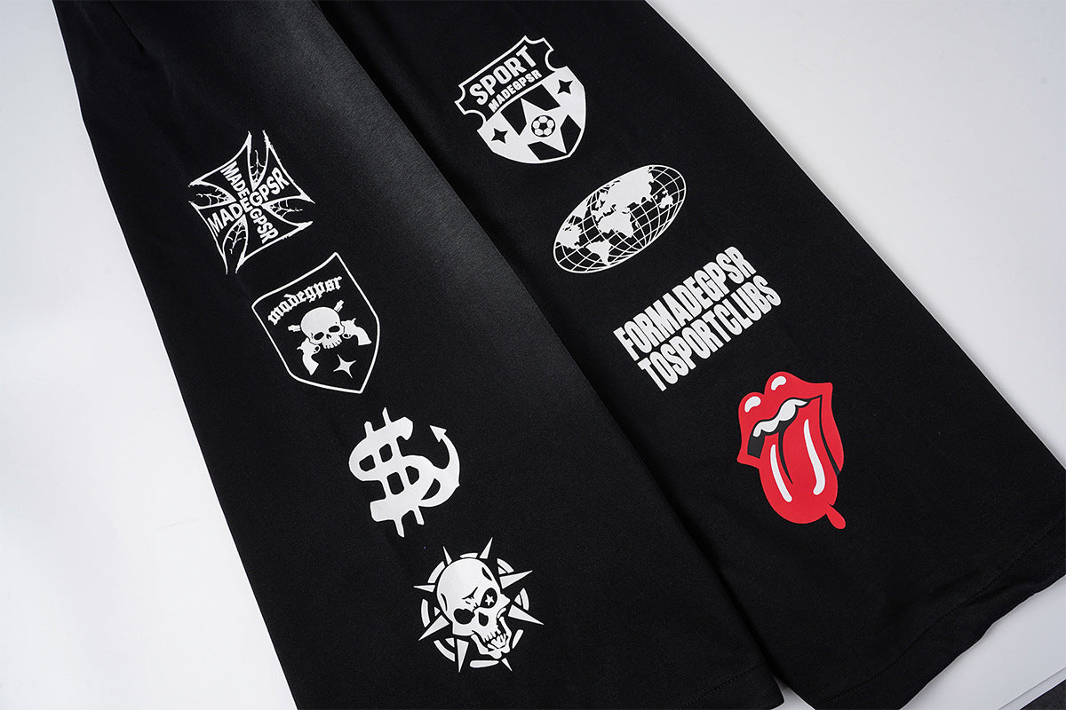 Wide-Leg Graphic Sweatpants – Streetwear Patch Print, Washed Finish