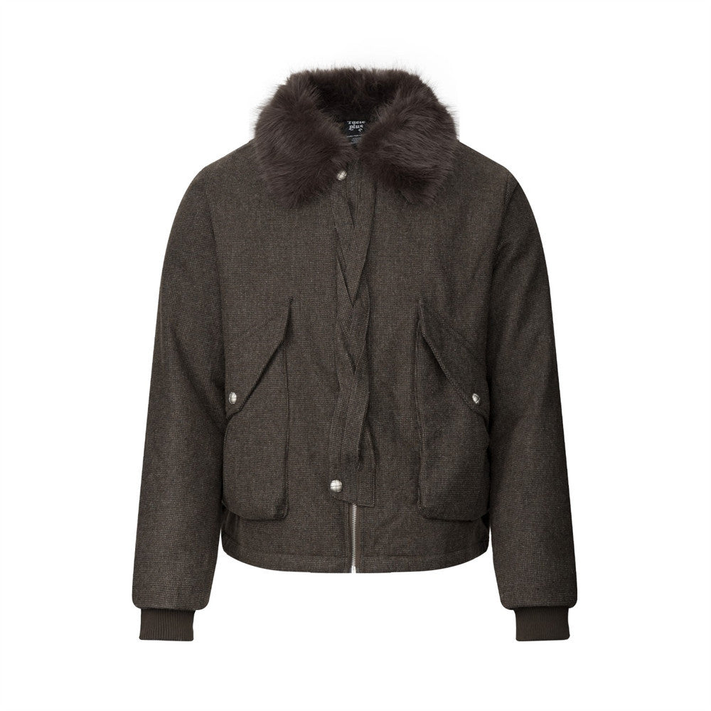 Men's Fur Collar Bomber Jacket – Houndstooth Wool-Blend with Cargo Pockets