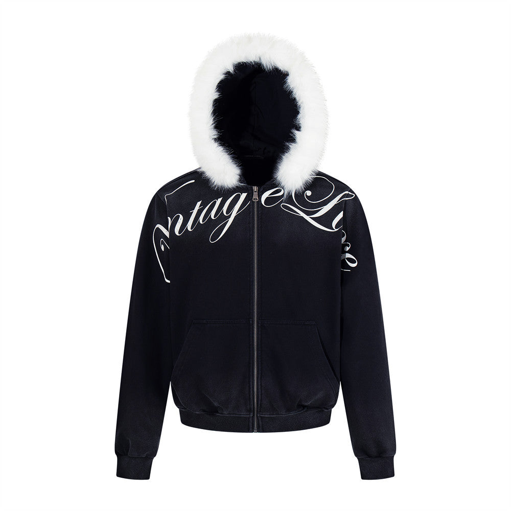 SEAKOFF Men's Cropped Zip-Up Hoodie | Black Script Graphic