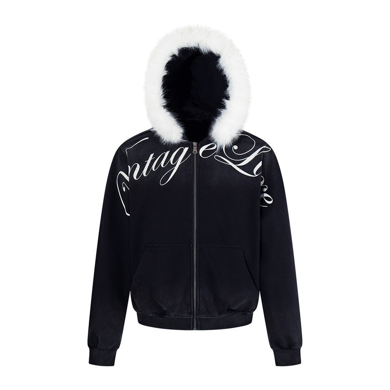 Men's Cropped Zip-Up Hoodie – Black Graphic Script with Detachable Faux Fur Hood