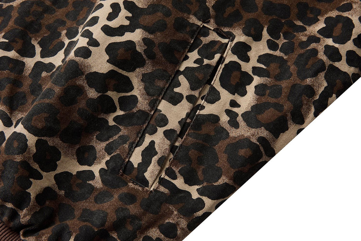 Leopard Print Track Jacket with Striped Sleeve Tape and Mock Neck Zip