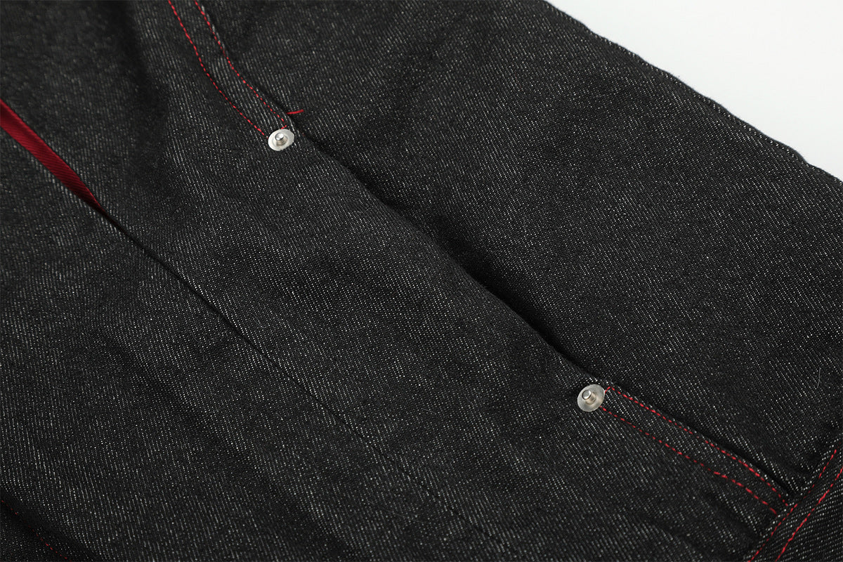 Black Denim Fur Collar Padded Jacket with Red Trim & Snap Buttons