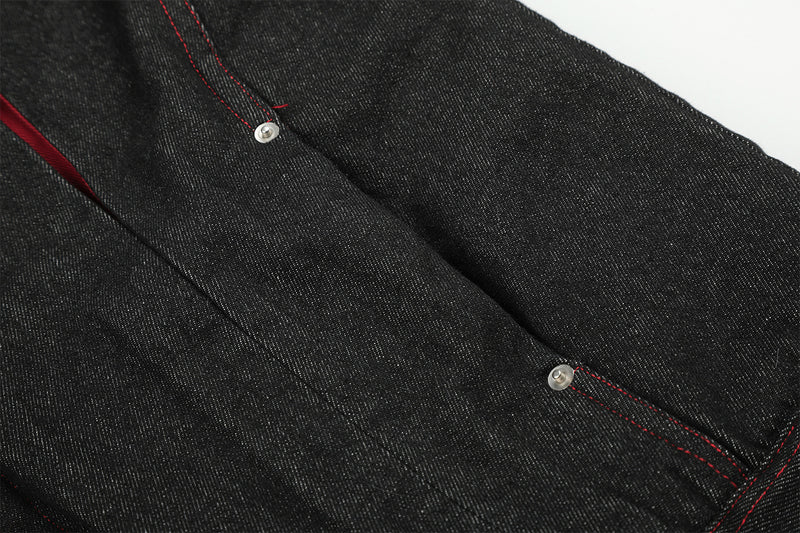 Black Denim Fur Collar Padded Jacket with Red Trim & Snap Buttons