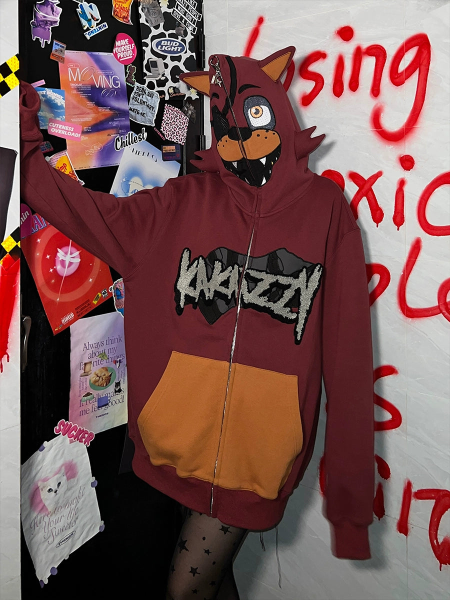 Foxy-Inspired Hoodie - 400GSM Oversized Red Zip-Up Five Nights at Freddy&