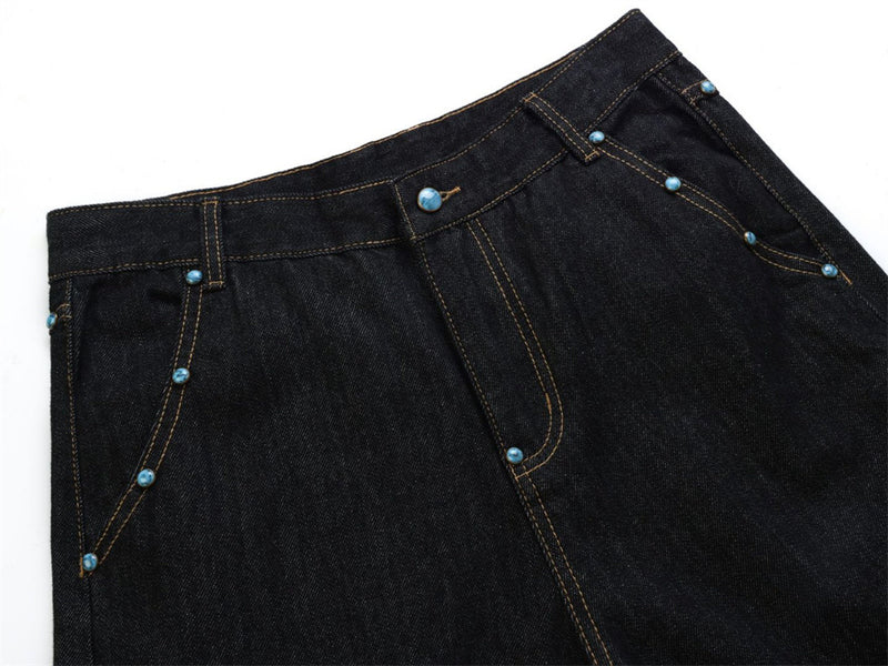 Wide-Leg Barrel Jeans – Turquoise Stud Detail, Curved Silhouette