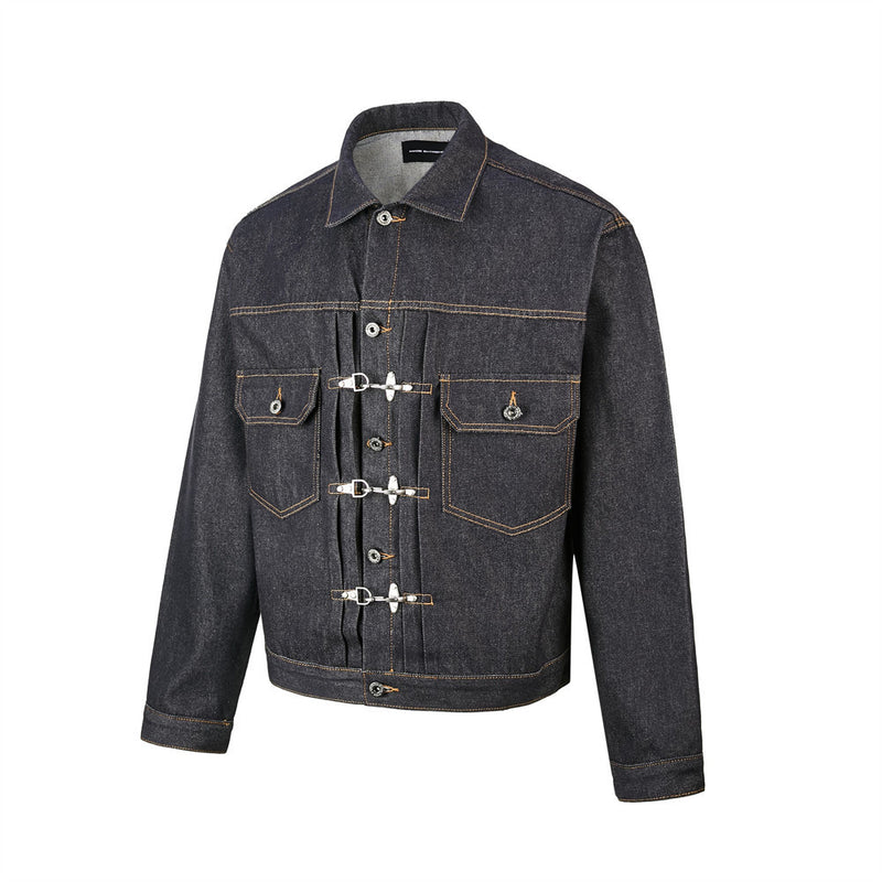 Men's Dark Indigo Denim Jacket with Metal Buckle Pleated Front Detail