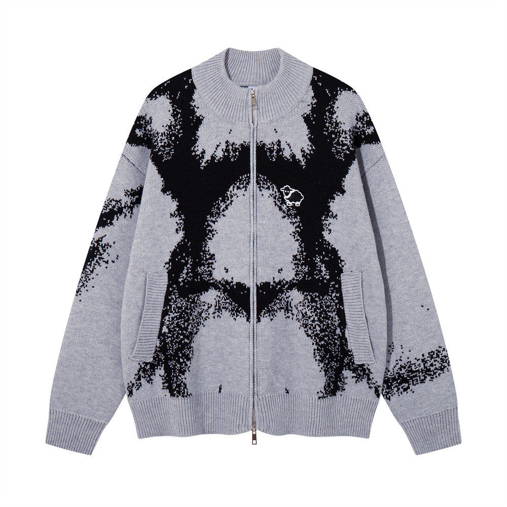 Ink-Splash-Strick-Cardigan mit Reißverschluss – Oversized-Stehkragen