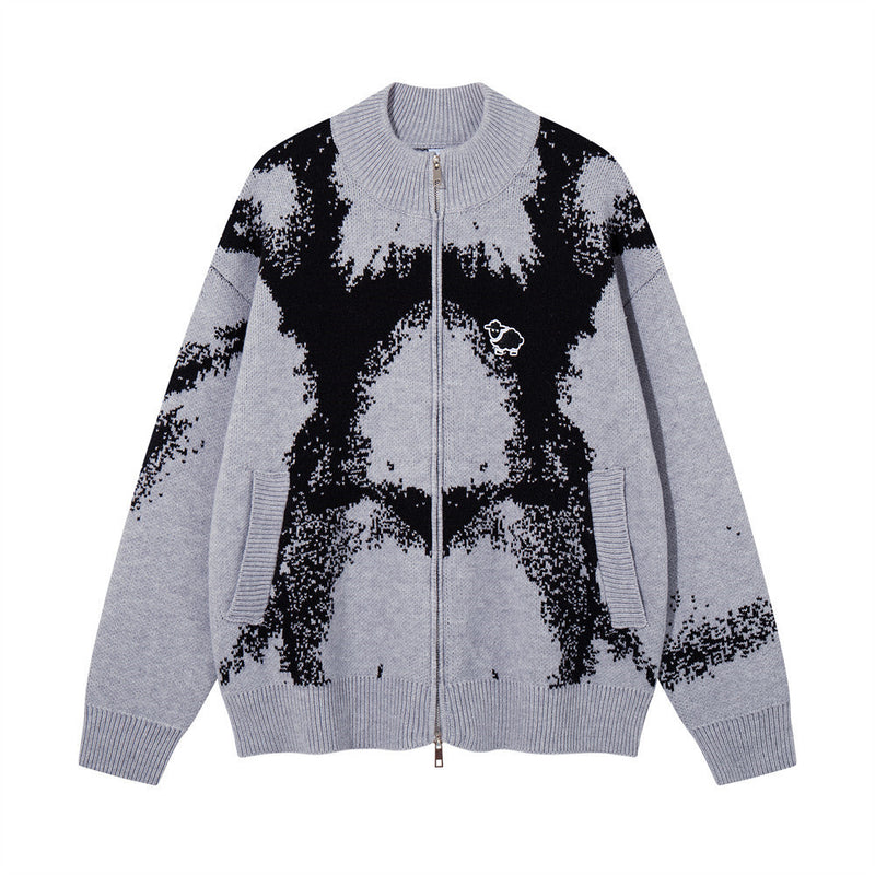 Ink-Splash-Strick-Cardigan mit Reißverschluss – Oversized-Stehkragen