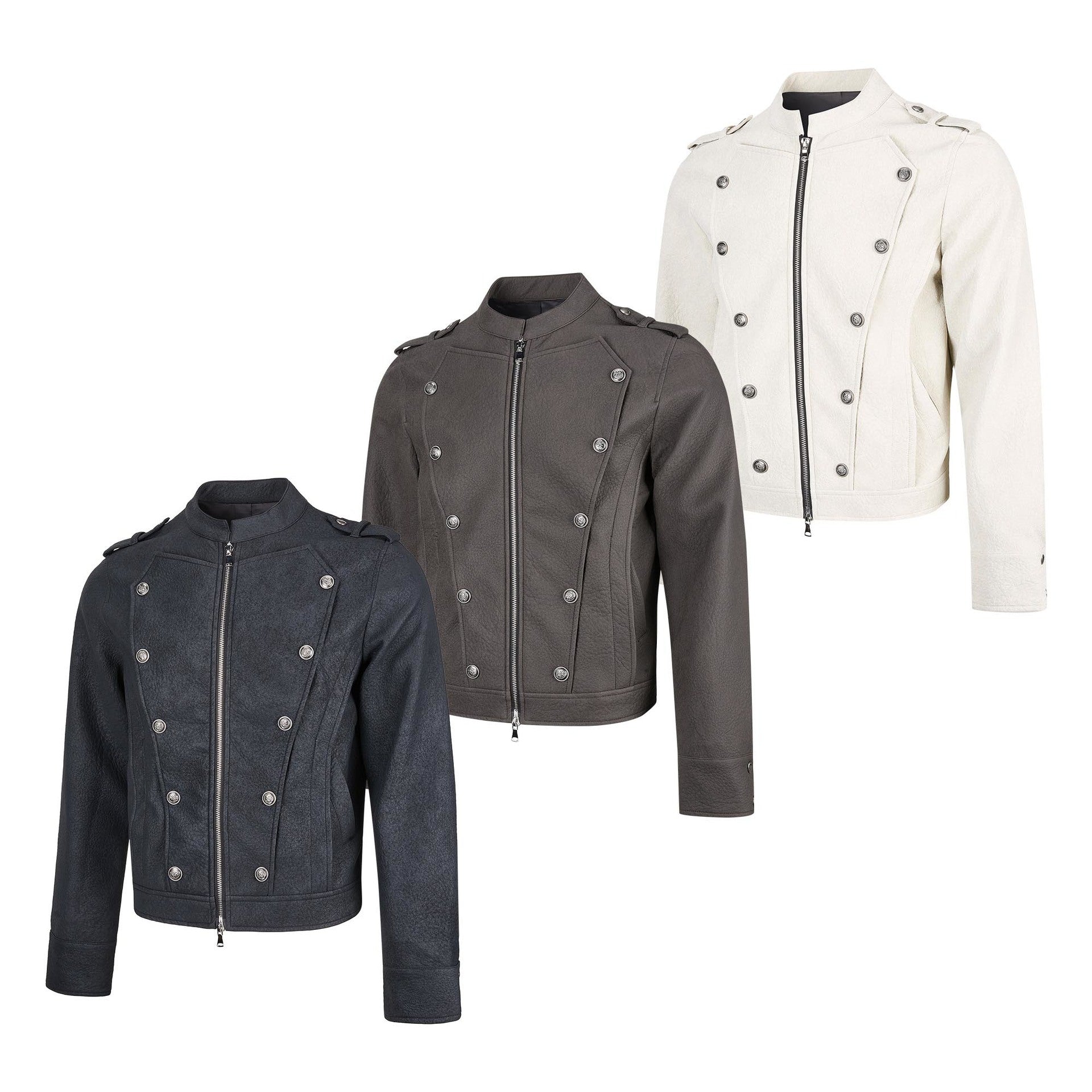 Military-Style Faux Leather Jacket with Double-Breasted Buttons & Zip Front