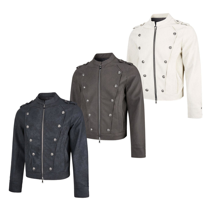 Military-Style Faux Leather Jacket with Double-Breasted Buttons & Zip Front