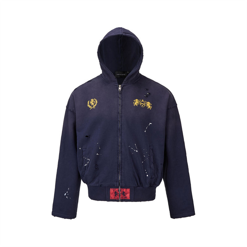 Oversized Zip-Up Hoodie Men — Distressed Heraldic Embroidery, Cropped Bomber Fit