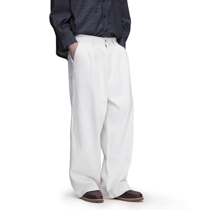 Wide-Leg Straight Casual Pants for Men — Relaxed Fit Pleated Denim Trousers