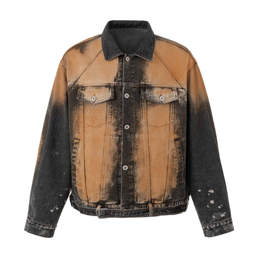 Oversized Acid-Wash Distressed Denim Jacket – Bleached Tie-Dye Punk Streetwear