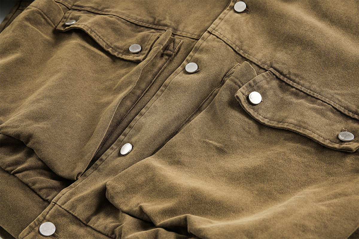 Blouson bomber homme en toile canvas délavée avec grandes poches cargo et col à boucle