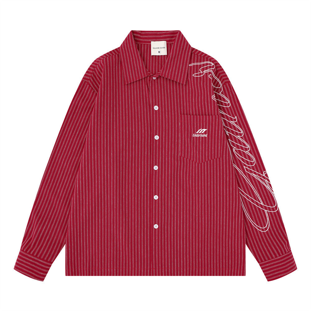 Red striped long sleeve shirt front view with chest pocket, button front, and sleeve script embroidery