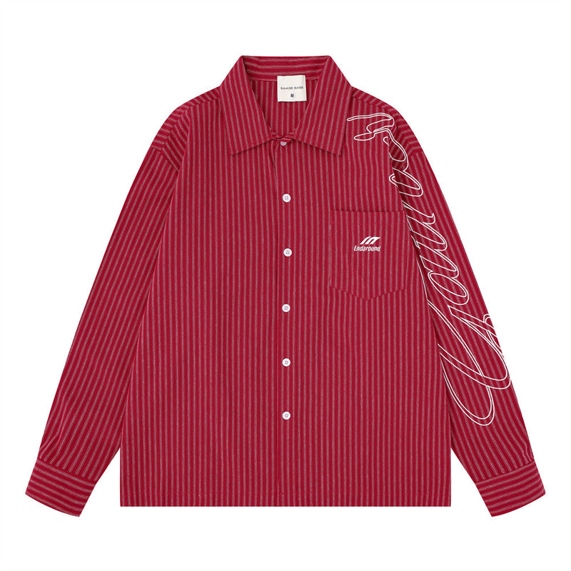 Red striped long sleeve shirt front view with chest pocket, button front, and sleeve script embroidery