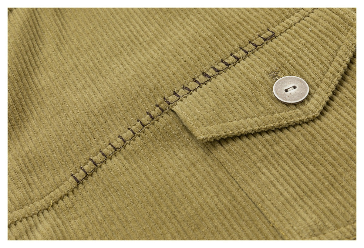 Corduroy Trucker Jacket — Oversized Fit, Floral-Lined, Olive Green
