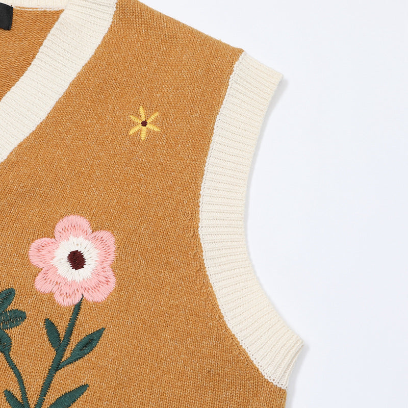 Floral Embroidery V-Neck Sweater Vest – Cottagecore Knit Sleeveless Top