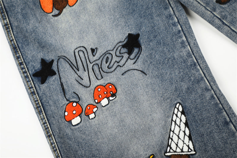 Cartoon Dachshund Embroidered Wide-Leg Jeans – Men's Vintage Washed Curved Hem