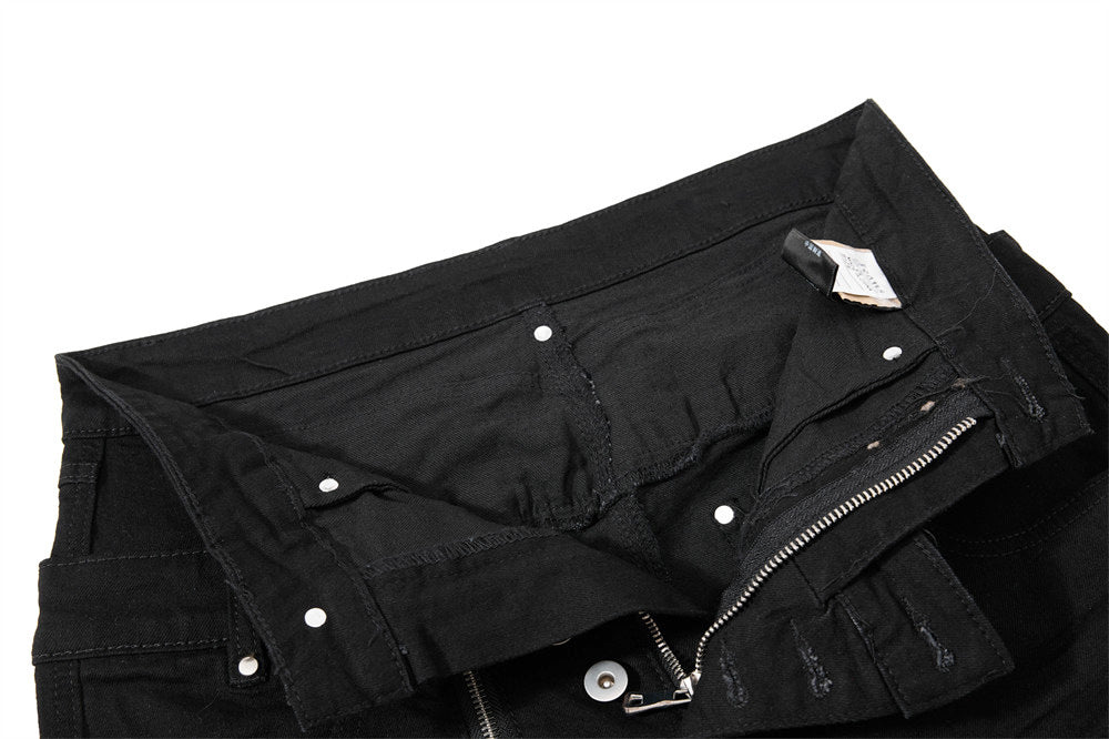 Men's Black Double Waistband Bell Bottom Flare Jeans with Diagonal Zipper