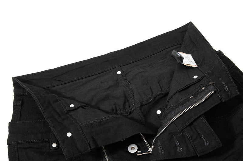 Men's Black Double Waistband Bell Bottom Flare Jeans with Diagonal Zipper