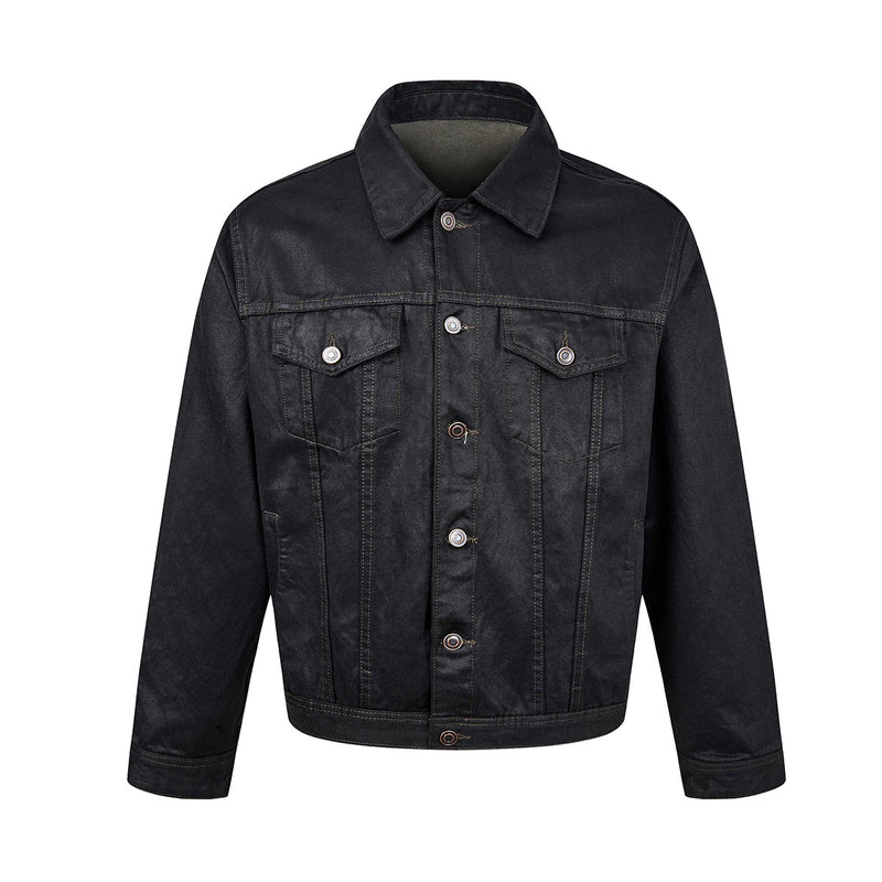 Washed Distressed Denim Trucker Jacket – Boxy Fit, Spread Collar