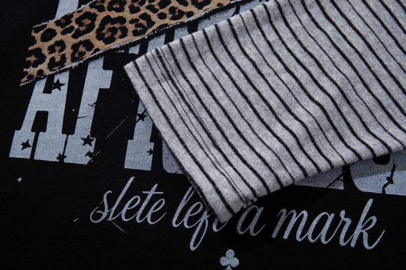 Long Sleeve Raglan Shirt – Black & Grey Stripe, Leopard Print Graphic
