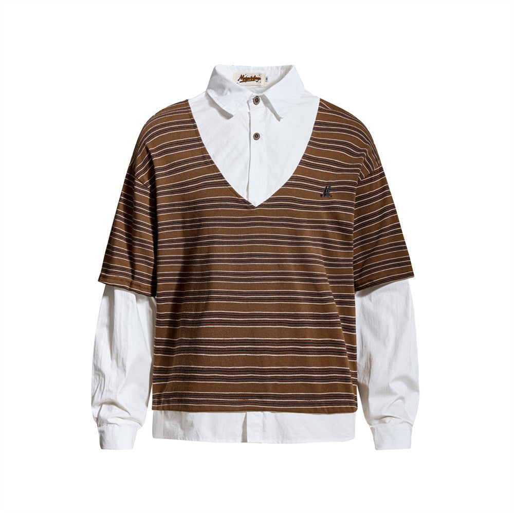 Striped Faux Two-Piece Polo Collar Long Sleeve T-Shirt