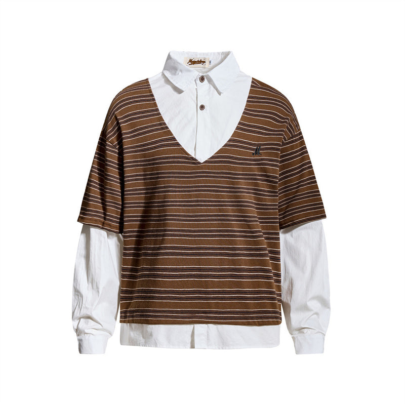 Striped Faux Two-Piece Polo Collar Long Sleeve T-Shirt