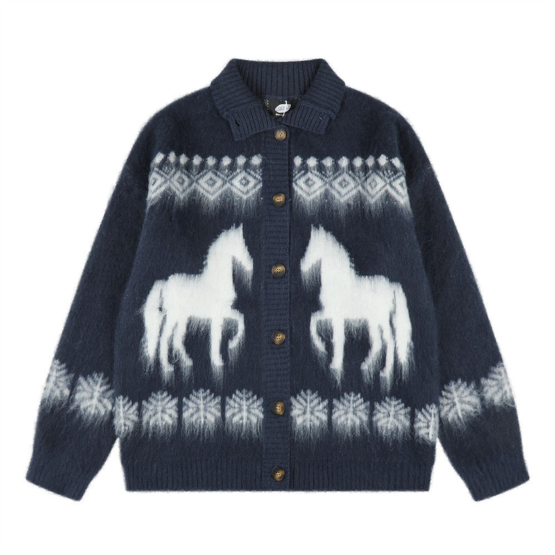 Cárdigan de Punto Jacquard con Caballos – Jersey Oversize de Punto Fair Isle con Botones