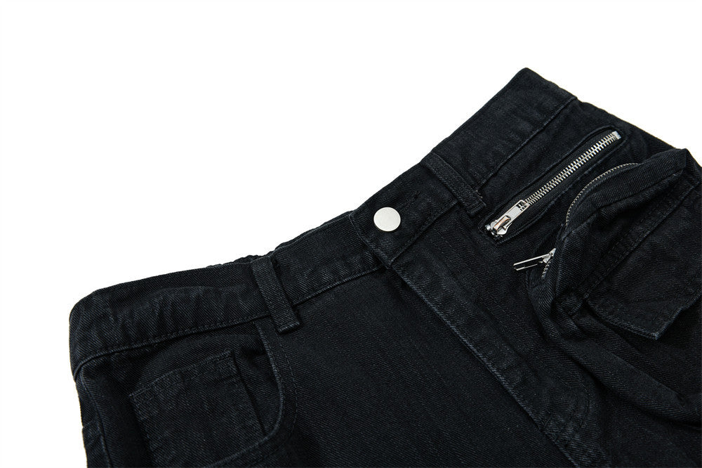 Vaqueros cargo para hombre — Pantalón vaquero de pierna ancha con múltiples bolsillos y lavado desgastado